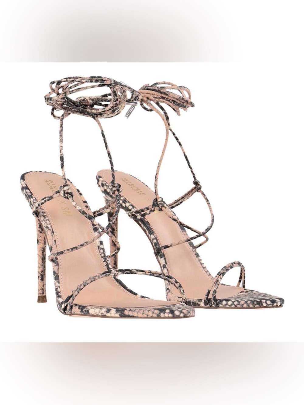 Winnie Harlow Lace-Up Strappy Snake-Print Heels in Beige and Black - Size 8
